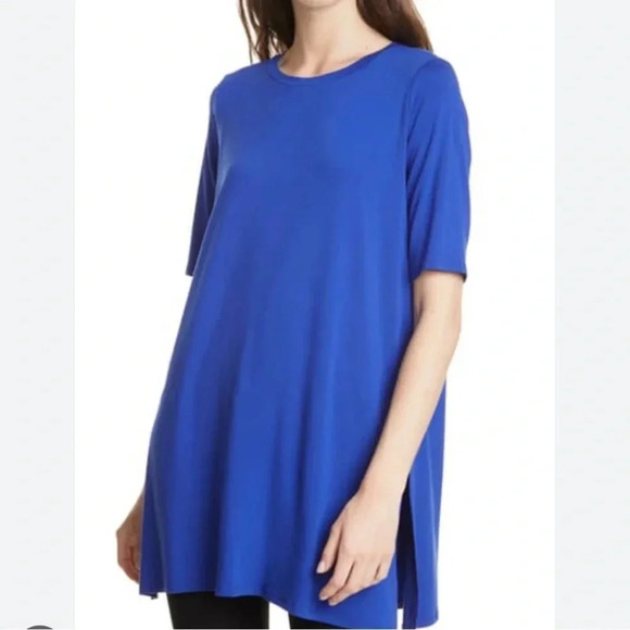 Eileen Fisher Fine Tencel Jersey Round Neck Elbow Sleeve Tunic - Picture 1 of 6